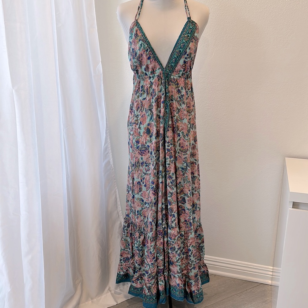 Brand New Vintage Silk Deep V backless maxi dress gorgeous pattern